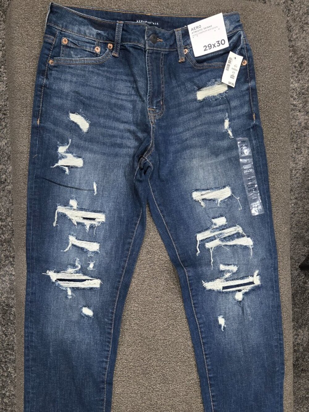 NEW Aéropostale Athletic Skinny Blue Denim Jeans Distressed Button Zip Men's